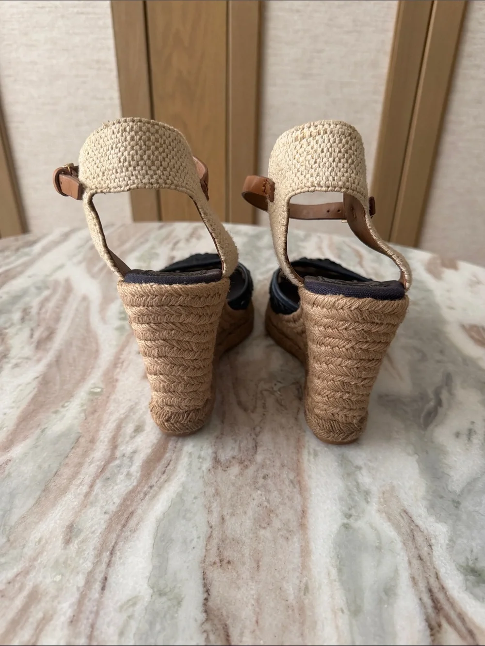 Women’s Wedge Sandals with Navy Lace Upper and Tan Espadrille Heel